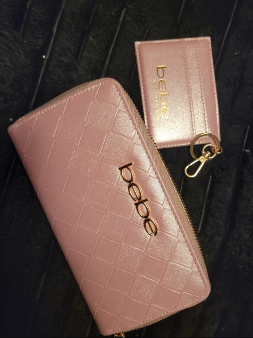 bebe Pink Quilted Zip Wallet with Cardholder and Keyring Set
